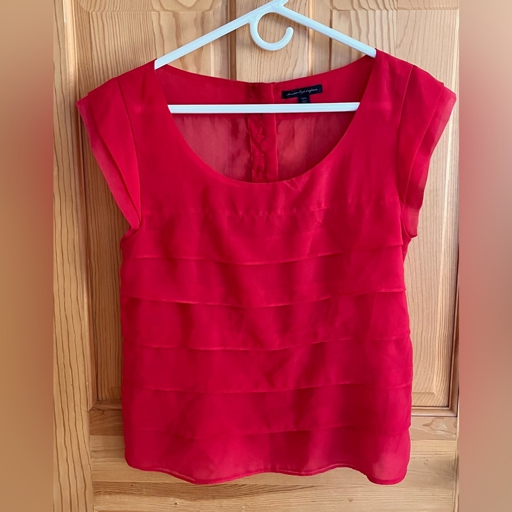American Eagle Pink Tiered Ruffle Cap Sleeve Blouse Button Back Top Chiffon Med - Picture 6 of 12